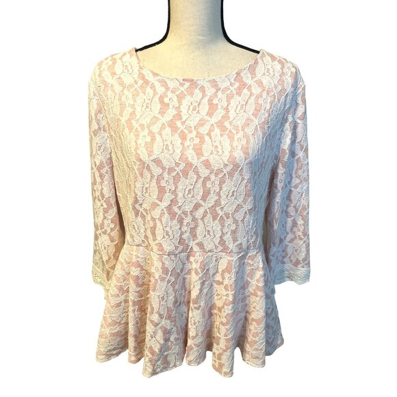 Dainty Jewells Pink Lace Peplum Top With 3/4 Sleeves & Back Zipper Closure XXL - Picture 1 of 6